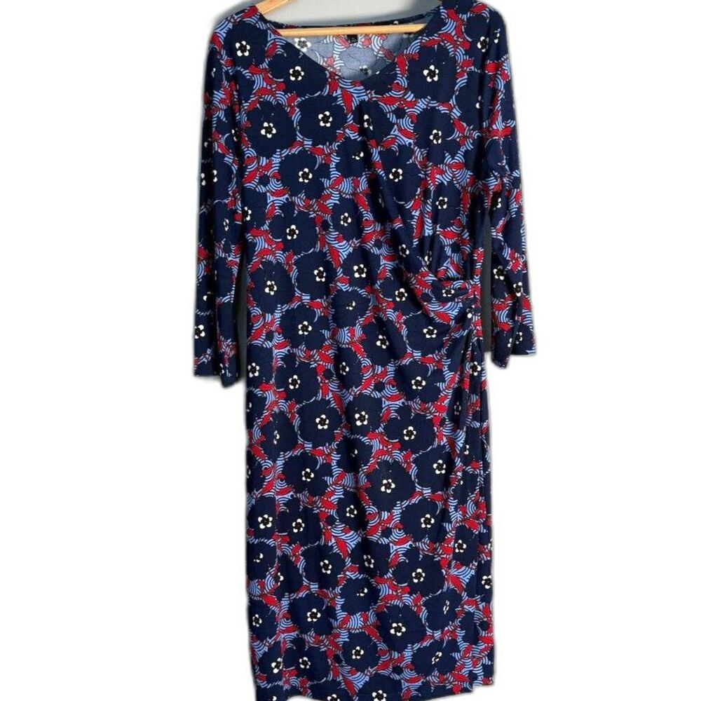 Talbots Navy Red Floral Faux Wrap Dress Size XL Long Sleeve Ruched Midi Jersey
